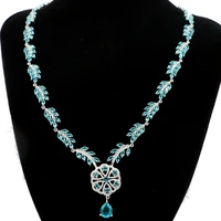 35x20mm gorgeous created rich blue aquamarine white cz womans wedding silver necklace 17 18inch