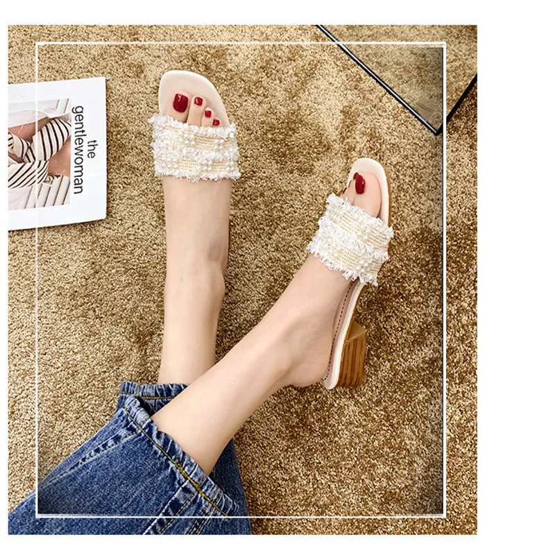 

Summer new sandals and slippers women wear thick heel fashion women's high-heeled Korean square head half-slip slippers