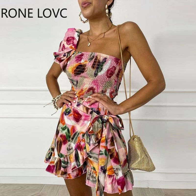 

Women Floral One Shoulder Shirring Top & Wrap Skirt Two Pieces Set