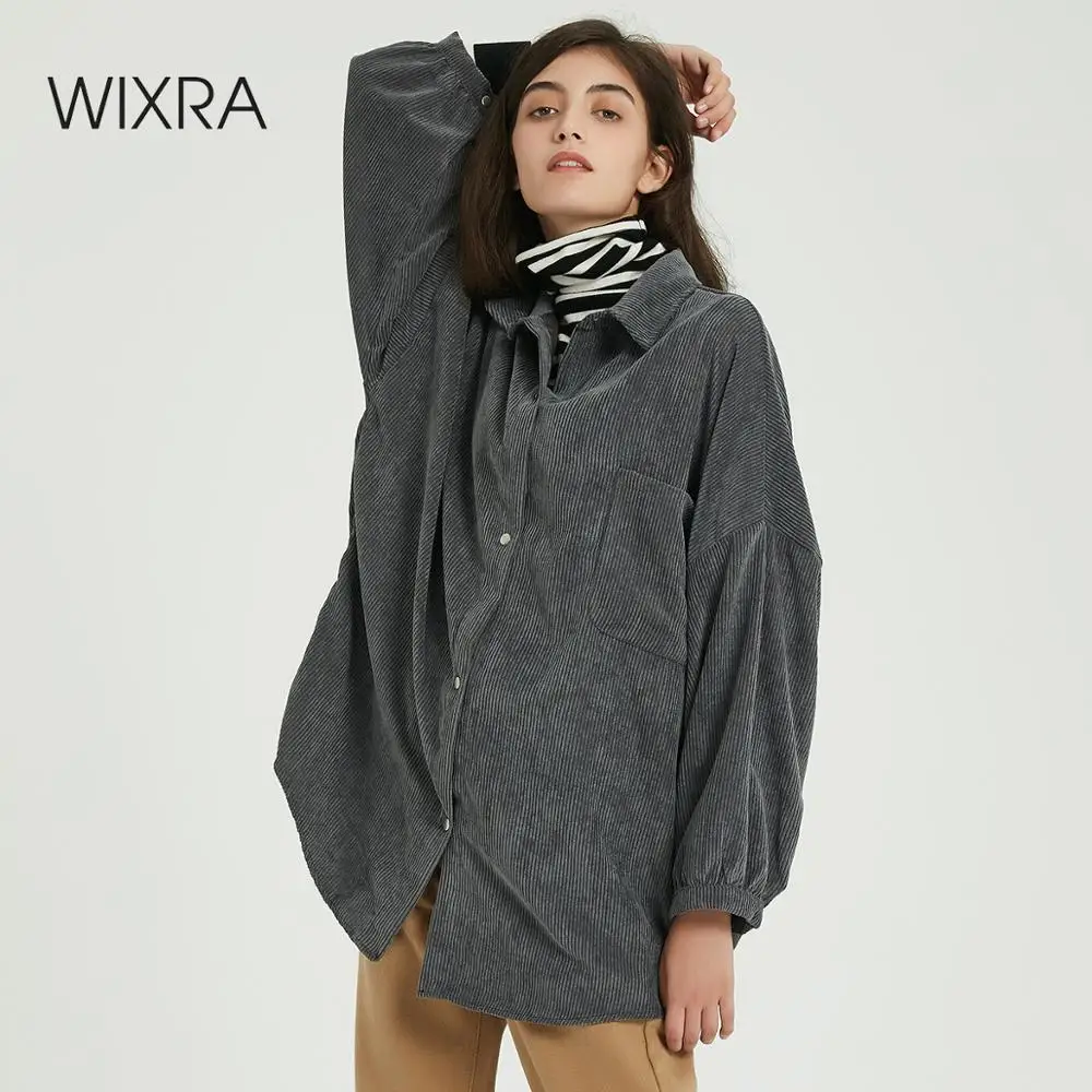 

Wixra Women Solid Oversized Blouse Ladies Casual Corduroy Long Sleeve Turn Down Collar Pockets Shirts Autumn Spring Tops