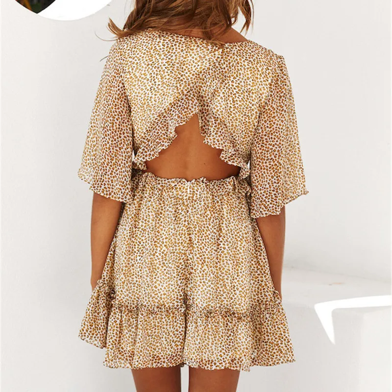 

Summer Casual Deep V-neck Women Leopard Mini Dress Sexy 2020 Batwing Sleeves Ruffles Slim Dress