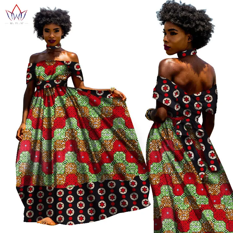BINTAREALWAX AFRICAN DRESSES FOR WOMEN BAZIN RICHE DRESSES LONG DRESS WITH NECKLACE TRADITIONAL AFRICAN CLOTHING WY1817