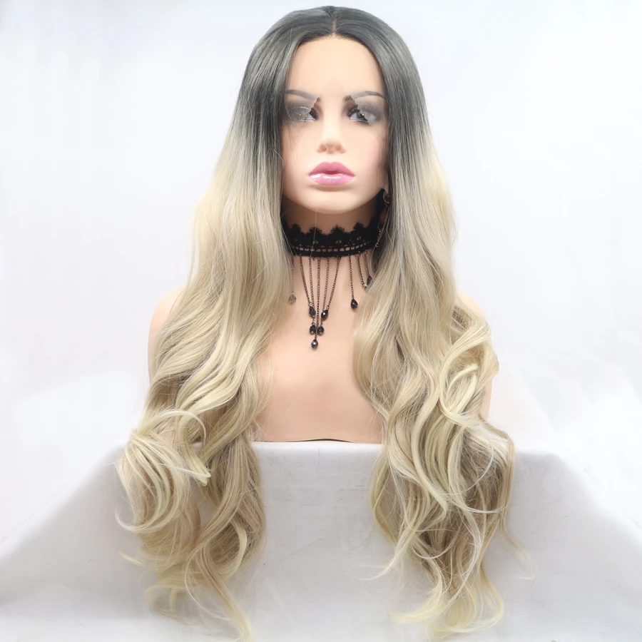 

Honey Blonde Ombre Wigs Long Body Wave Synthetic Hair Lace Front Wigs Dark Roots Pre Plucked Cosplay Lace Frontal Wigs For Women