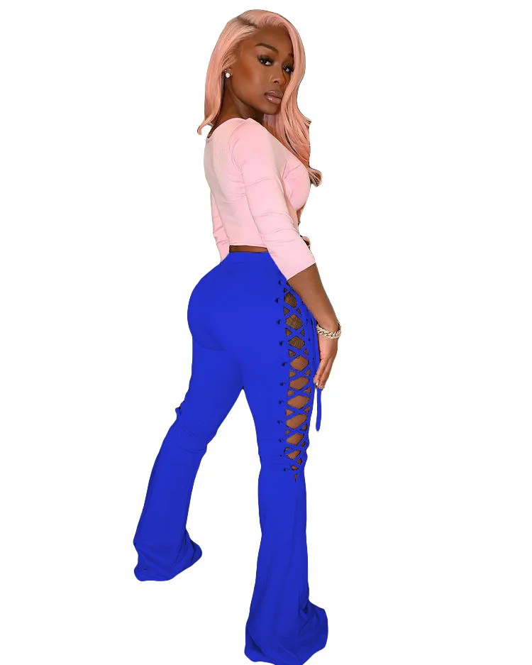 

2021 Fashion Women's Trousers Bell Bottom Sweatpants Jogger Ladies Lace Up Leggings Flare Pants