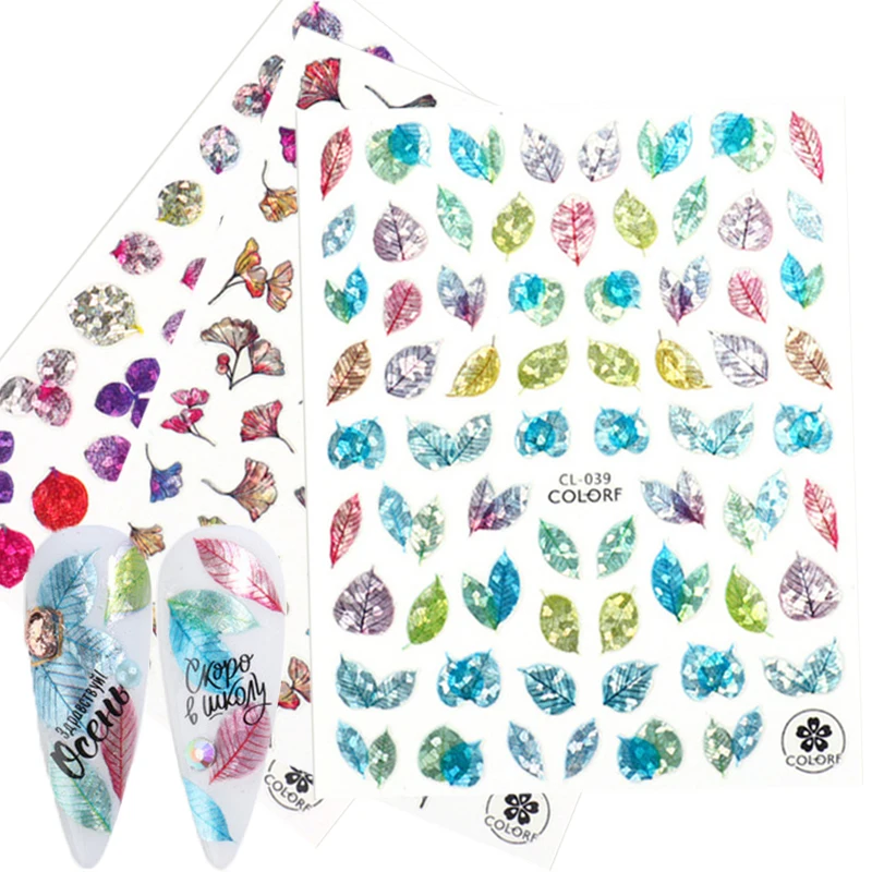 3D наклейки для ногтей веер лист сушеный цветок блестящие слайдеры Дизайн
