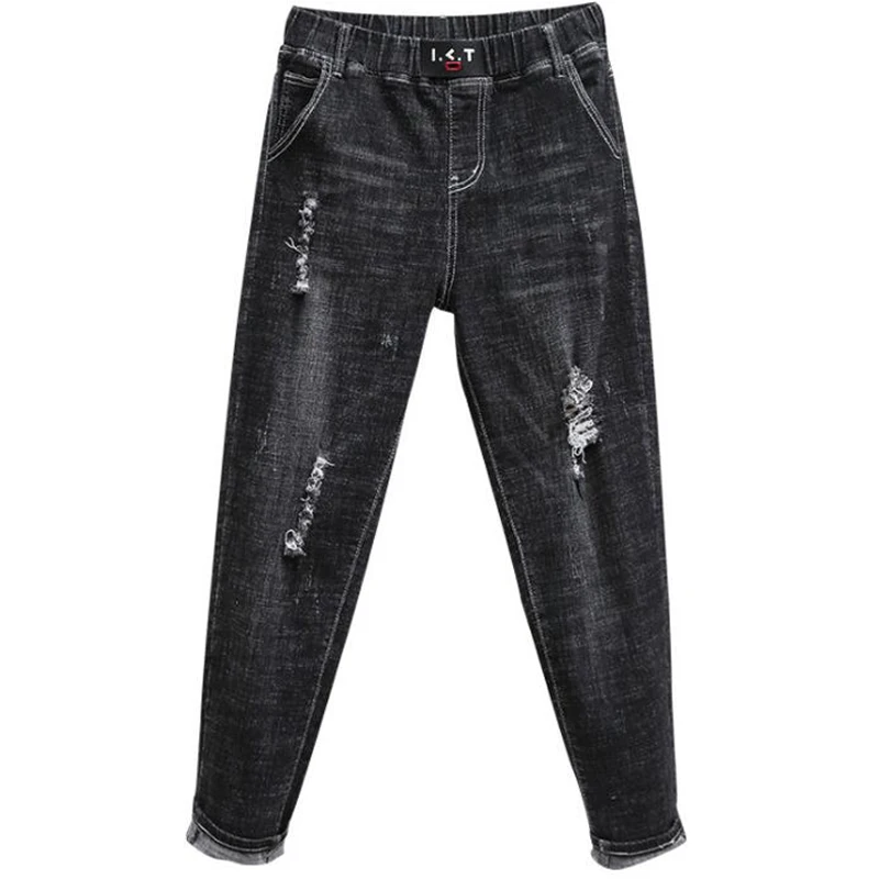 

Fashion Women Denim Baggy Jeans Loose Harem Pants Plus Size 4XL 5XL Black Ripped Hole Oversize Elastic Trousers For Femme 2021