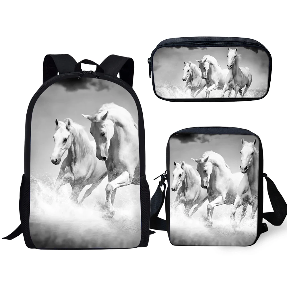 HaoYun Children's 3PCs Set Backpacks Cute White Horse Pattern Kids School Book Bags Students Backpack/Flaps Bag/Pen Bags
