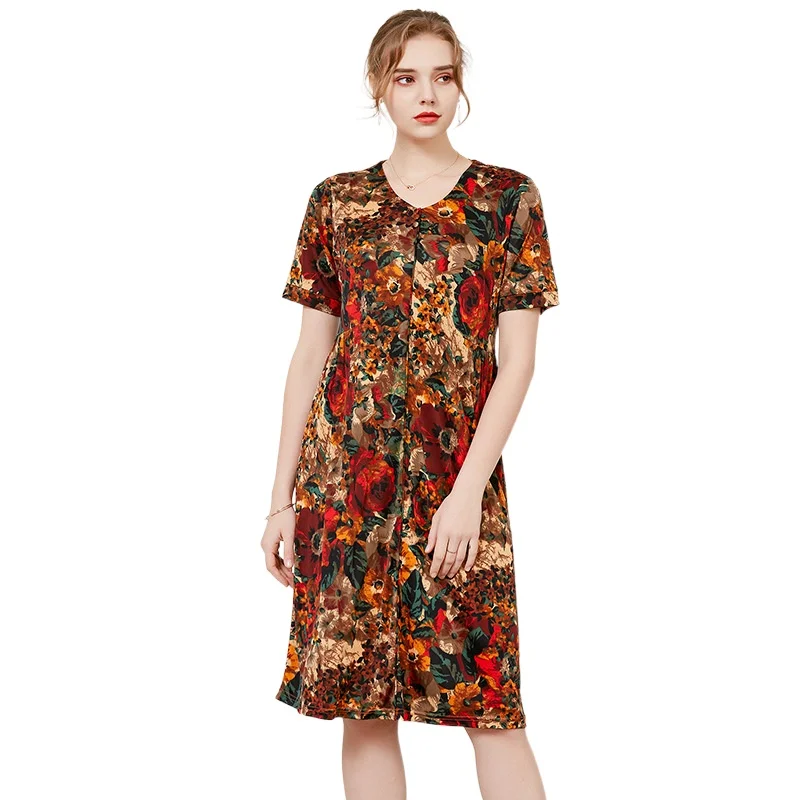 

Высококачественное шелковое платье с коротким рукавом и принтом, тонкое и прикрывающее, для женщин среднего возраста, из шелка тутового шелкопряда