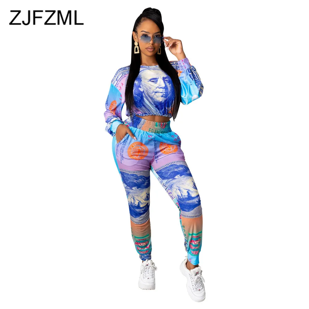 

US Money Dollar Print Harajuku Two Piece Sets for Women Long Sleeve Crop Top and High Waist Jogger Pant Loungewear Co-ord Suits