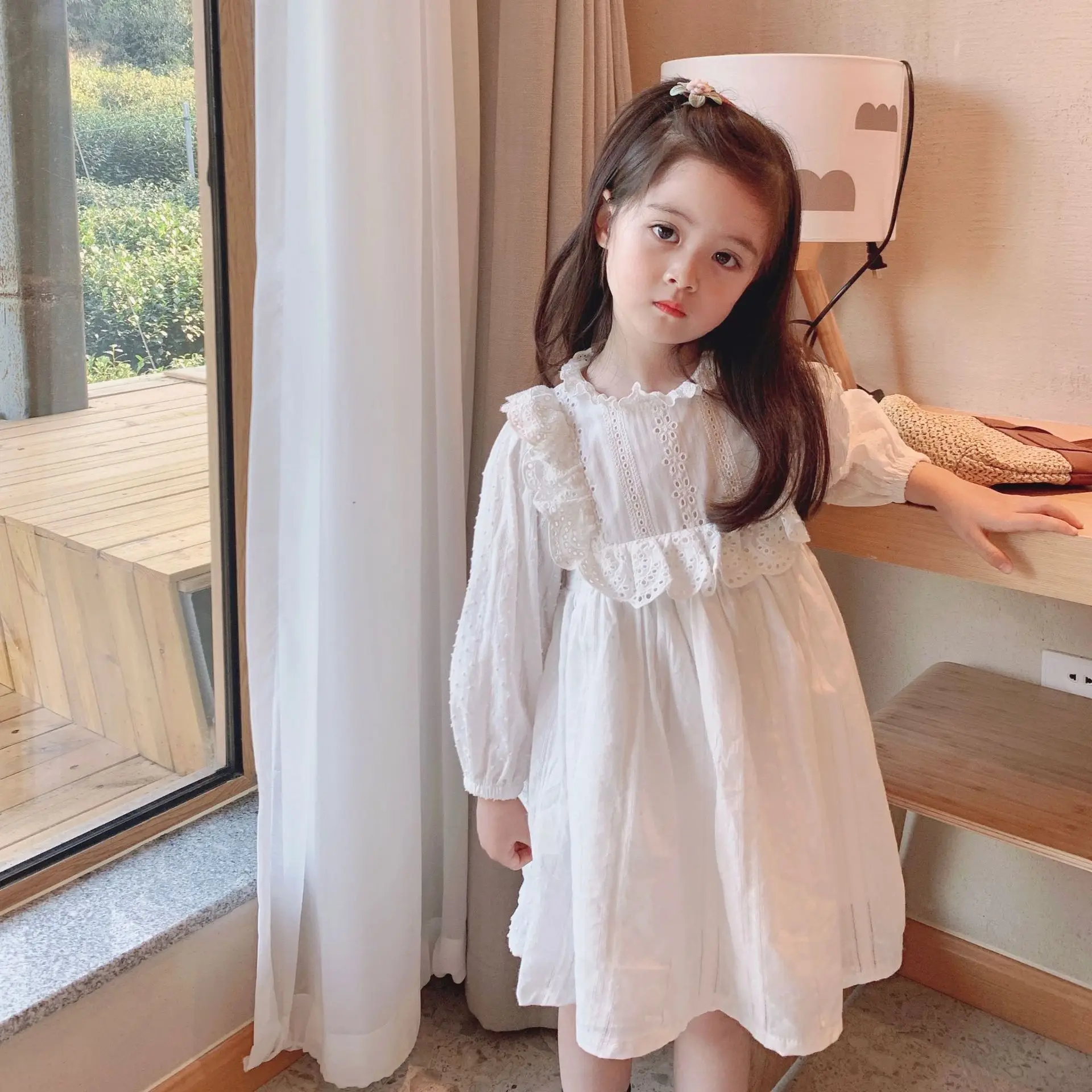 

Baby Girls Lace Dress for Kids 2022 Spring Summer Children Cotton Clothes with Lining Embroidery White Ruched Cute,#5954