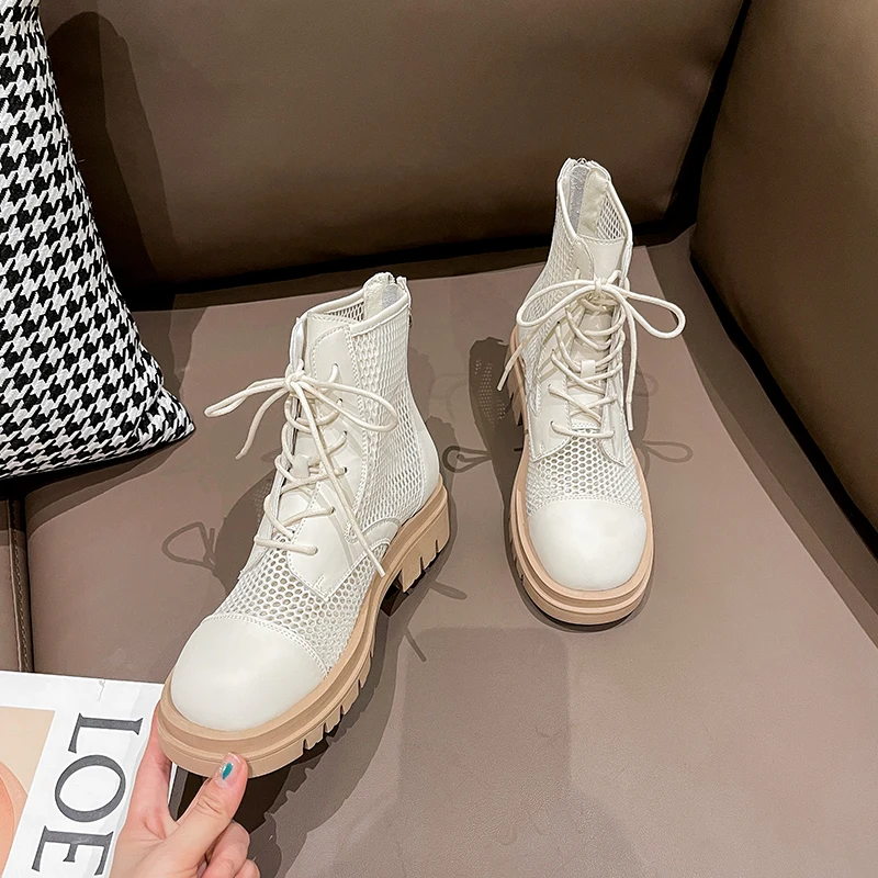 

Martin Boots Women Summer 2021 Latest Hollow Genuine Leather Mesh Shoes Ladies Casual Lace-up Female Cool Boots