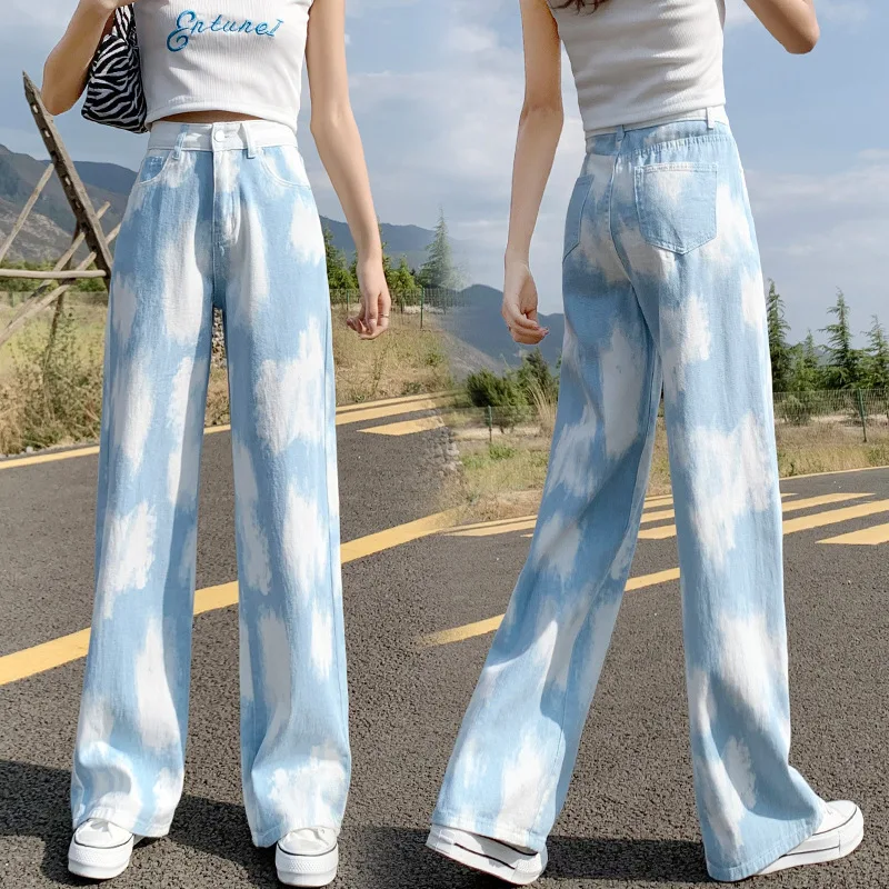 

2191 Tie Dye Blue Jeans Women Autumn High Waist Straight Legs Comfortable Fashion Sweet Cool Streetwear Casual Denim Pants Femme