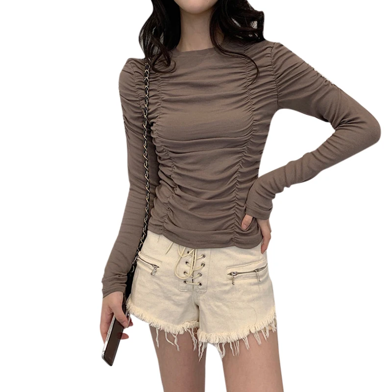 

wear 2019 new fashion Korean version of pleated elastic and slim bottoming shirt elastic long sleeve T-shirt for women
