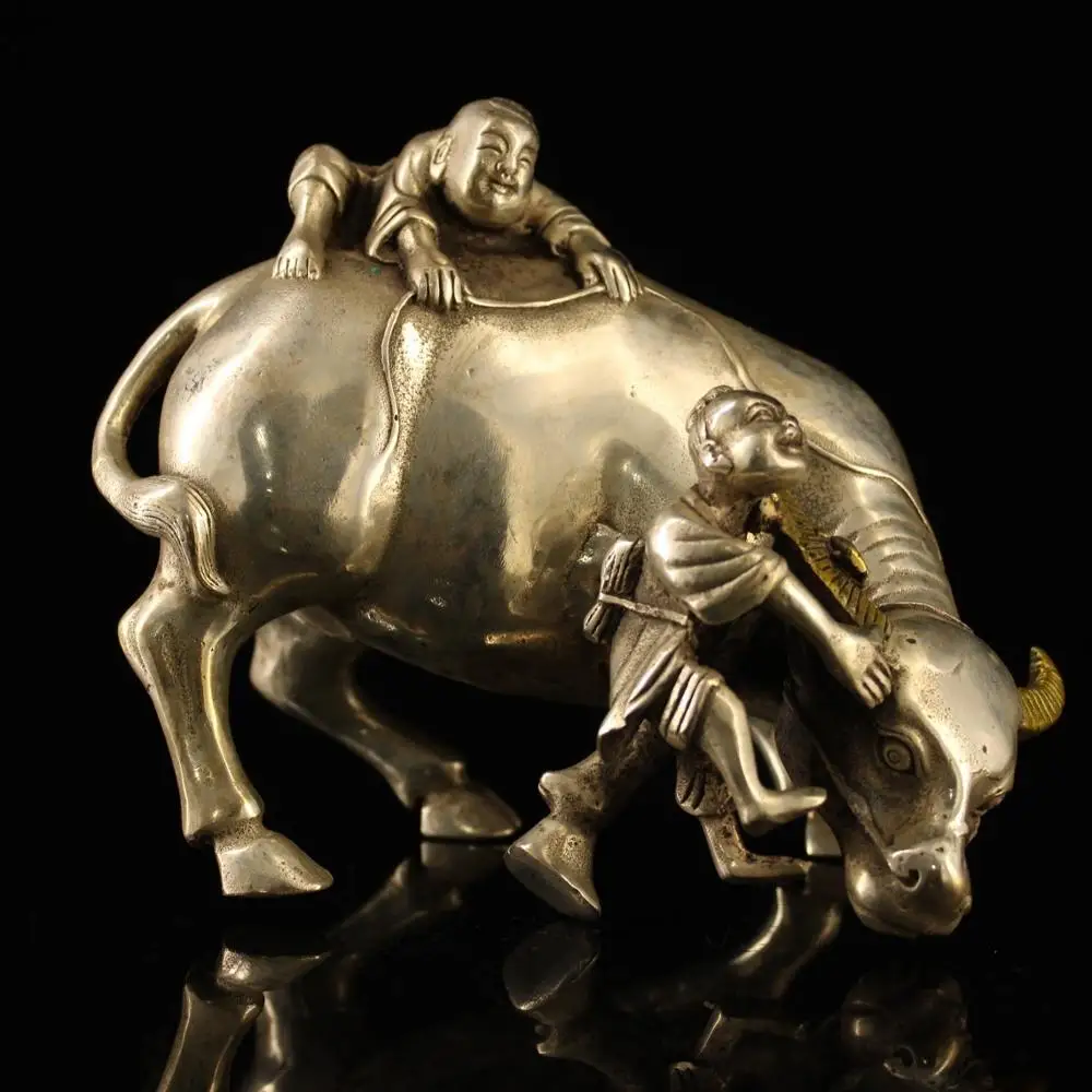 

Home Decor 6" Tibet Buddhism Temple Old Bronze Silver Gem Boy herding cow statue Carving cow baby