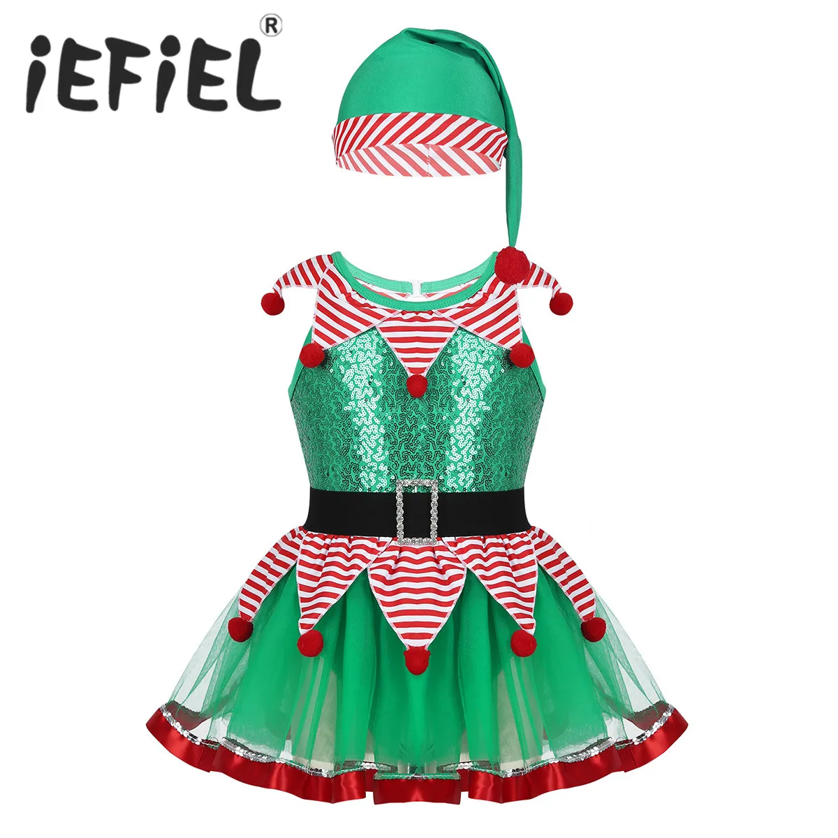 Kids Girls Christmas Xmas Dress Fairy Spirit Costume Dancewear Outfit Sequined Striped Peplum Mesh Tutu Leotard with Hat | Детская
