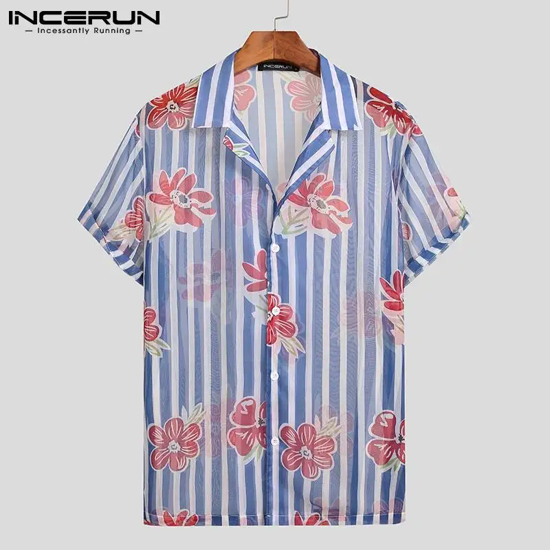 

Мужская сетчатая рубашка INCERUN, дышащая Повседневная рубашка в полоску, с отворотами и коротким рукавом, с принтом, S-5XL