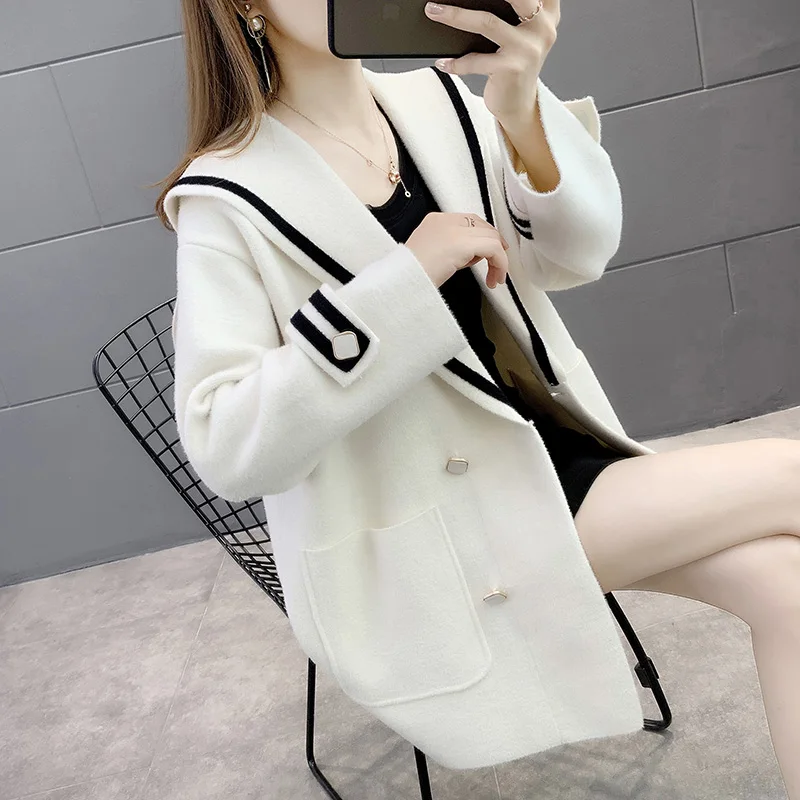 

Navy Wind Double-Sided Woolen Coat 2021 New Autumn Winter Clothing Loose Small Fragrance Jacket Women Lapel Woolens Jacket Femme