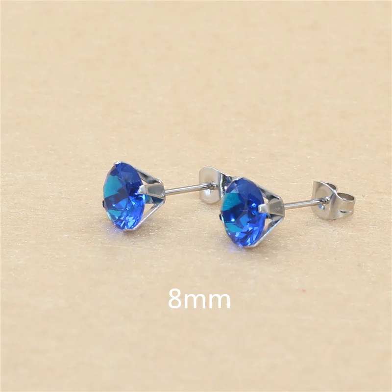 

8mm AAA Round Colorful Blue Zircons Stud Earrings With Stianless Steel Needle Brief Jewelry 20 Colors For Choose No Allergy