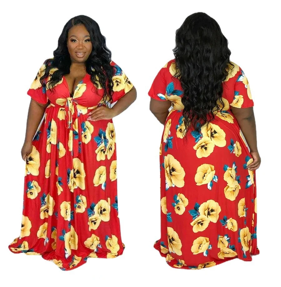 

XL-5XL Plus Size Dress Women Clothing Summer 2021 Fashion Casual loose V neck short sleeve printing Wholesale Dropshipping