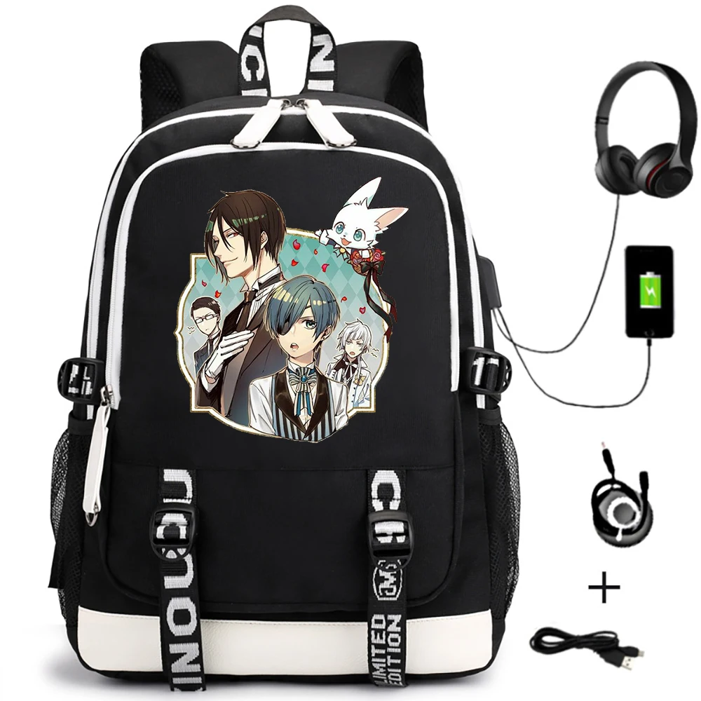 

Backpack Anime Black Butler Casual Cartoon School Bags for Teenagers Unisex USB Travel Laptop Shoulder Bags Zipper Bookbag