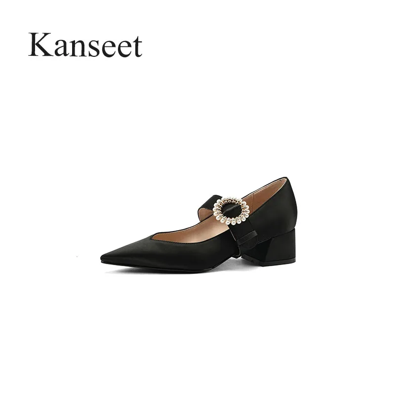 

Kanseet 2021 New Women Pumps Spring Autumn Silk cloth Pointed Toe Fashion Design Handmade Footwear Shallow Mid Thick Heel Shoes