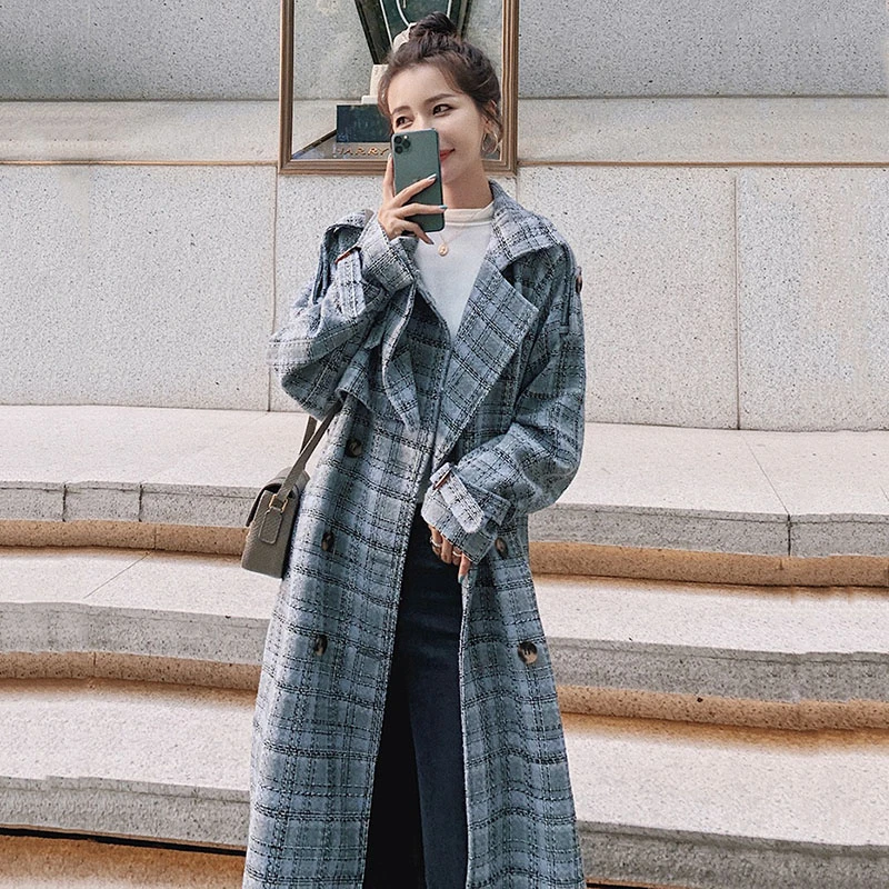 

Unua amo Retro Winter Coat Woman Long Double-breasted Belted Trench Blends Coat 2021 Fashion High Quality Plaid Woolen Coat
