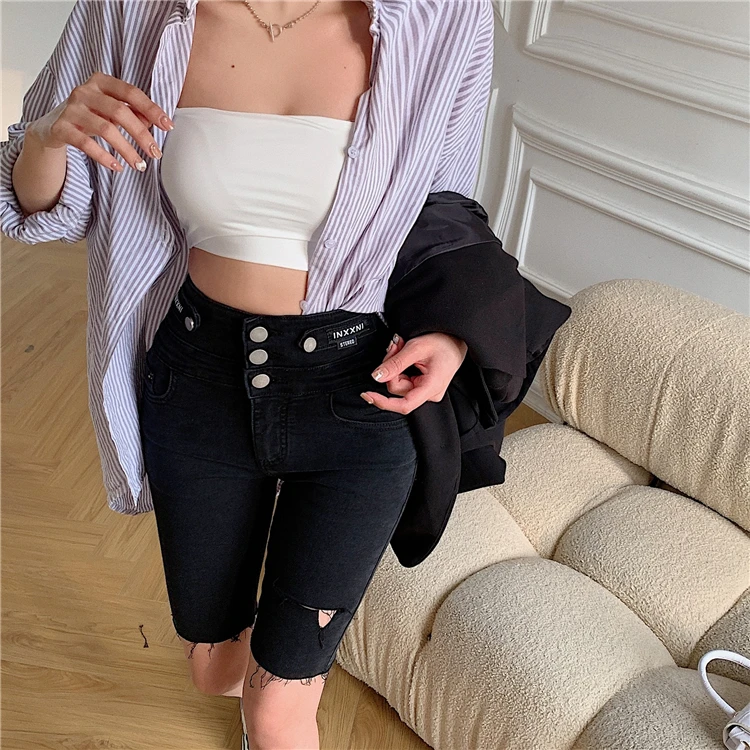 

ZHISILAO Black Ripped Knee-length Jeans Women Sexy High Waist Tight Skinny Denim Shorts Jeans Summer 2021 Streetwear Slim Shorts