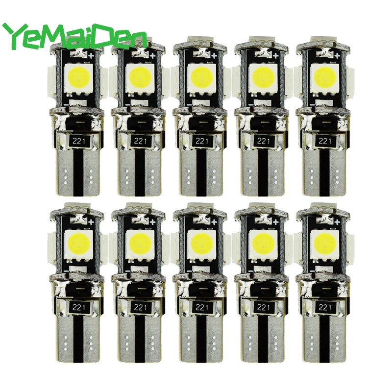 

10x T10 LED Canbus Car Interior Light 5 smd 6000K Auto Clearance Wedge side Lamps W5W 5W5 LED Bulb No error 12V 194 168 White