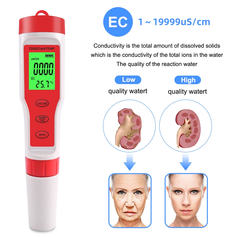 YIERYI 4 в 1 PH/TDS/EC/измеритель температуры цифровой монитор качества воды тестер для бассейнов, питьевой воды, аквариумов