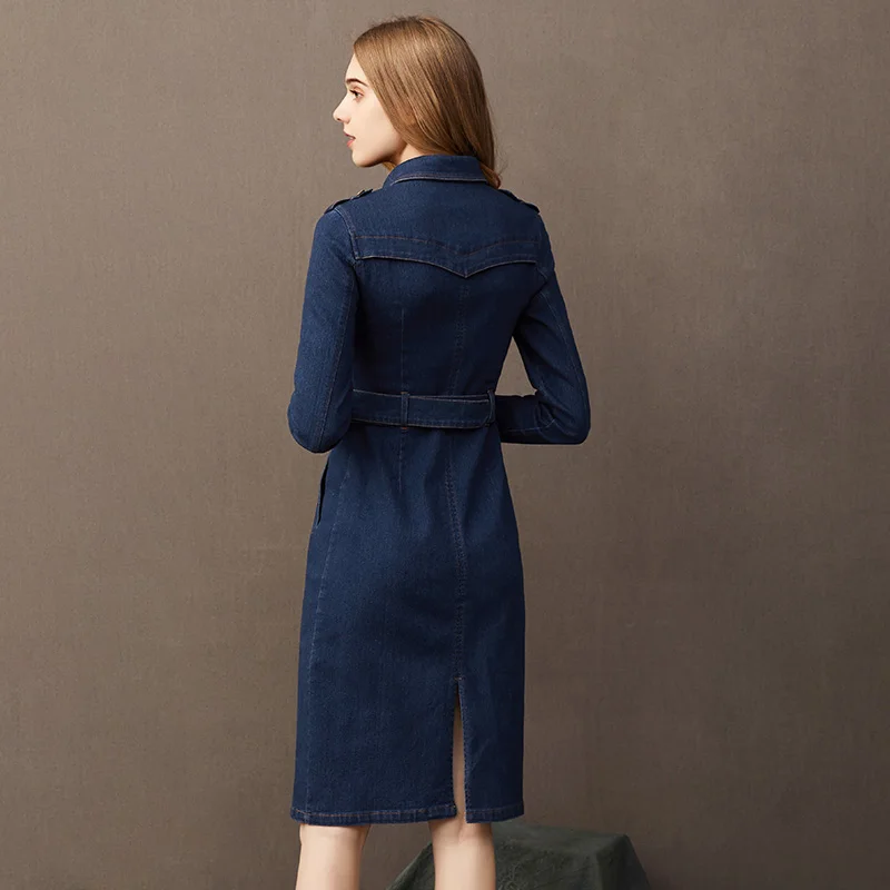 Женское однобортное джинсовое платье Aswinfon облегающее средней длины с отложным