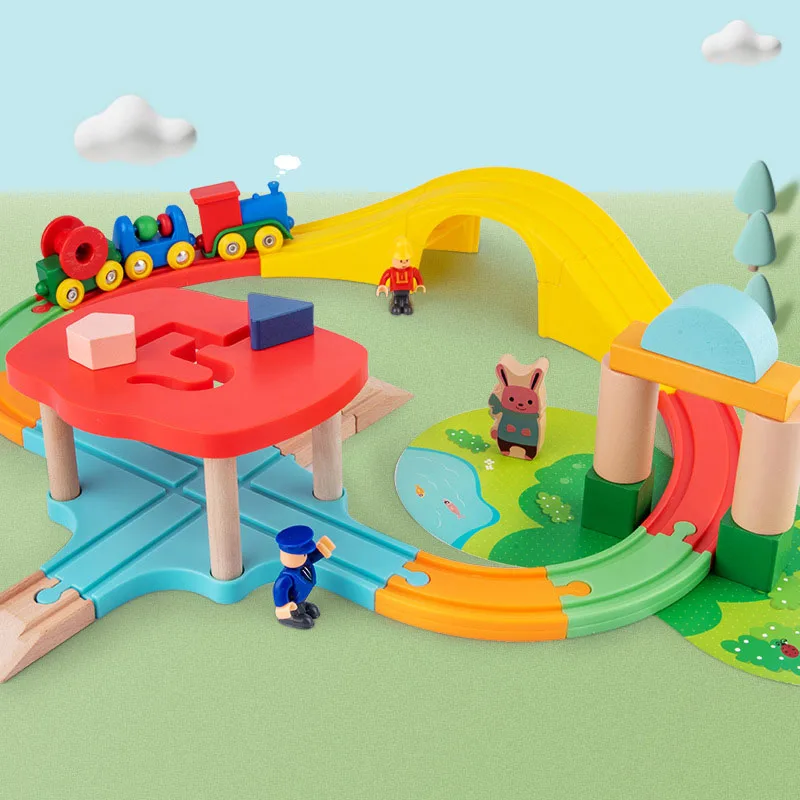 

Детский деревянный строительный блок, игра, мини-поезд, трек, детский цветной развивающий игрушечный подарок