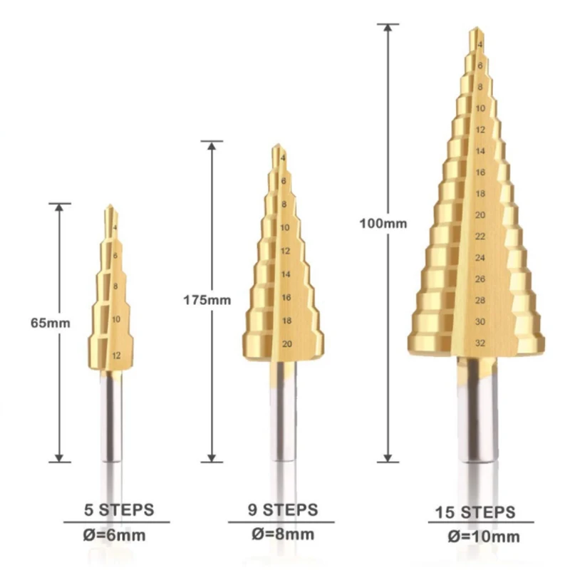 3PCS HSS Straight Groove Step Drill Bit 4-32/4-20/4-12mm Titanium Coated Wood Metal Hole Cutter Core Tapered Drilling Power Tool |