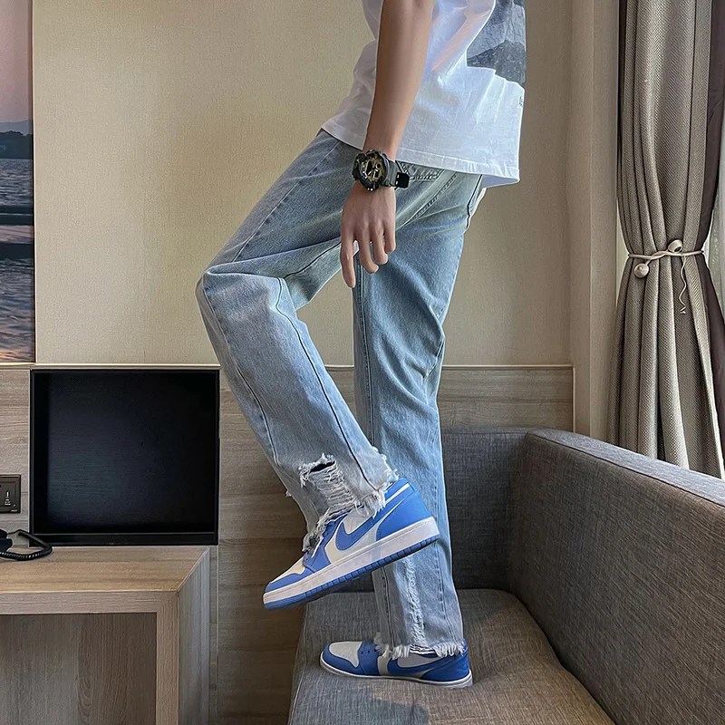 Summer Ripped Wide-leg Jeans Men's Fashion Casual Blue Jeans Men Streetwear Loose Hip-hop Hole Straight Denim Trousers Mens