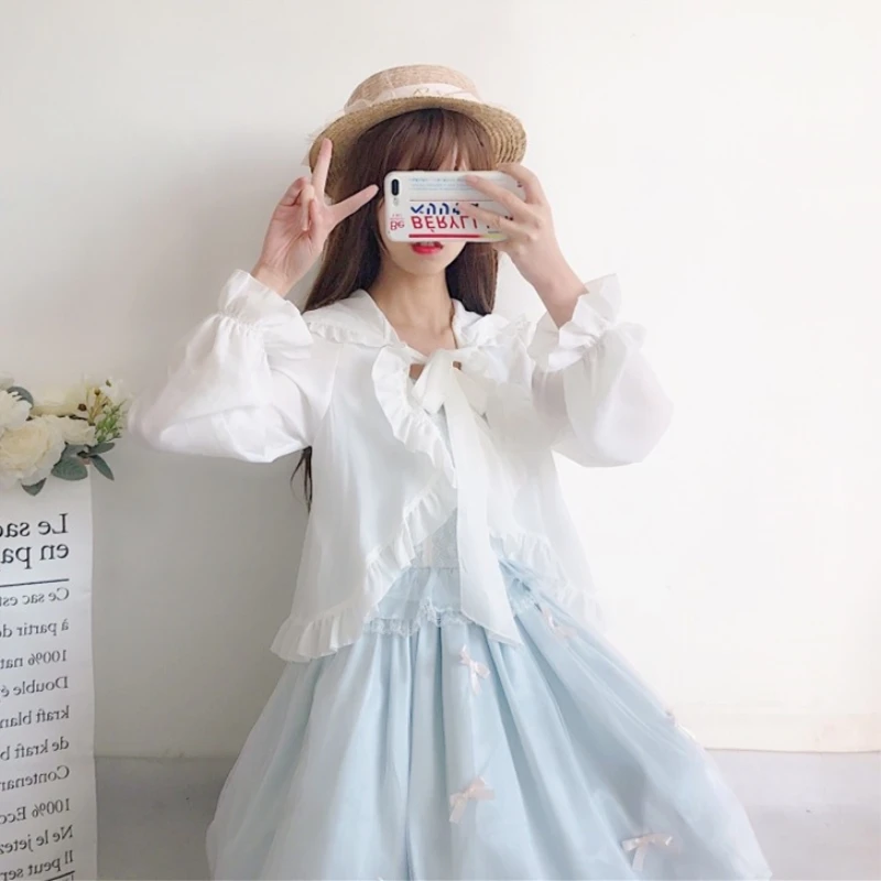 

Lolita Dress Chiffon Cardigan Fairy Sister Hooded Ruffled Short Cape Coat Sun Protection Clothing Female Fairy kawaii clothing