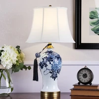 large new chinese style copper light luxury blue and white ceramic table lamp with certification