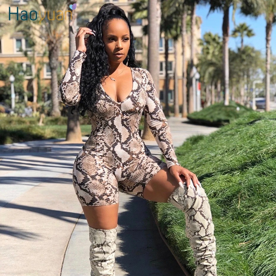 Женский комбинезон со змеиным принтом с длинным рукавом и V образным