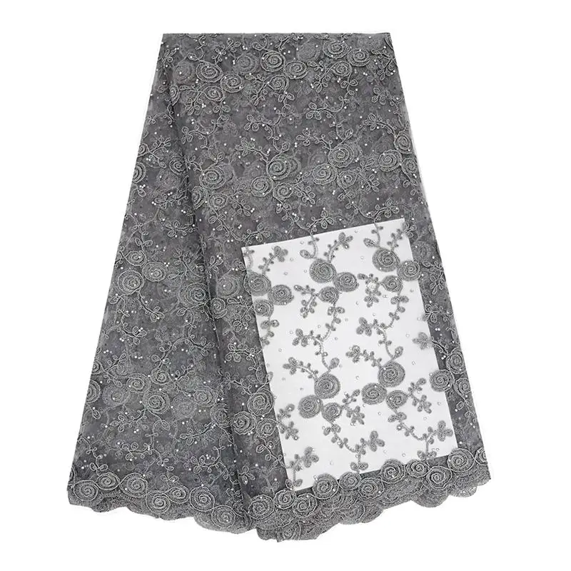 Grey lace fabric Цветочная зеленая кружевная ткань 5 ярдов/партия Тюль Чистая кружевная Французская ткань с камнями вышивка африканская кружевная ткань для aso ebi платье - Цвет: Grey lace fabric