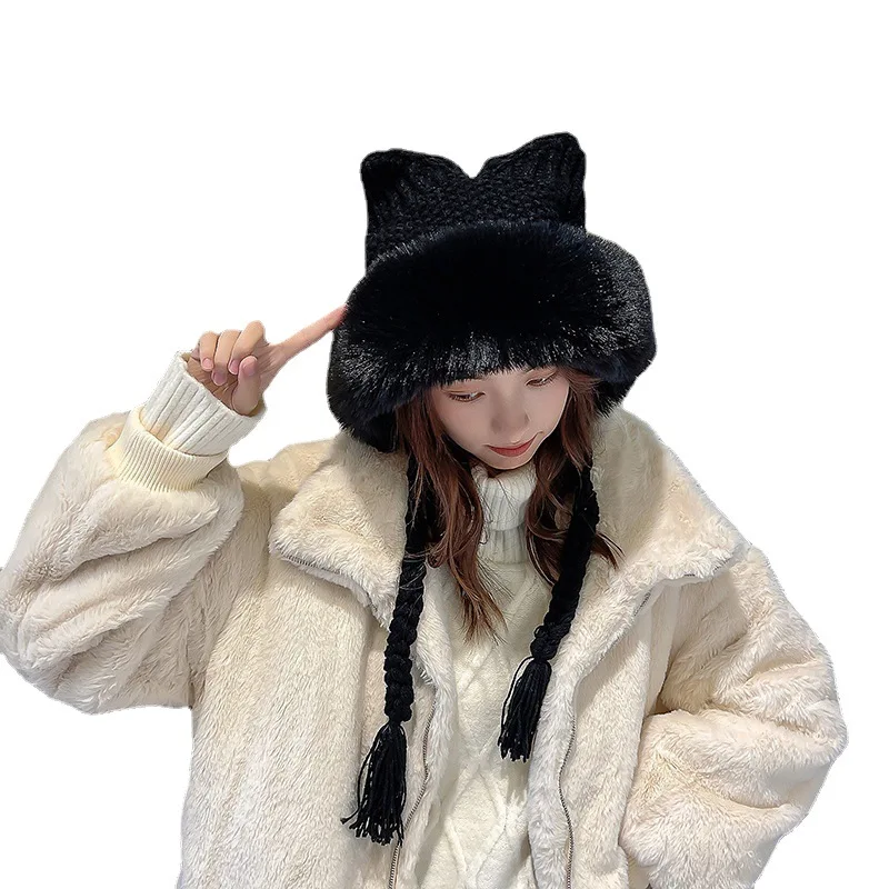 

Cat Ear Hat Female Winter Knitted Hat Ear Protection Lei Feng Hat Plush Hat Soft Sister Cute Woolen Hat