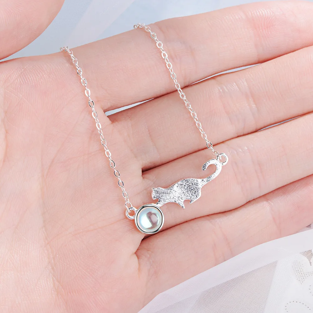 

925 Sterling Silver Women Chain On The Neck Collarbone Necklace For Women Cat Moonstone Crystal Pendant Chain Girl Jewelry Gift
