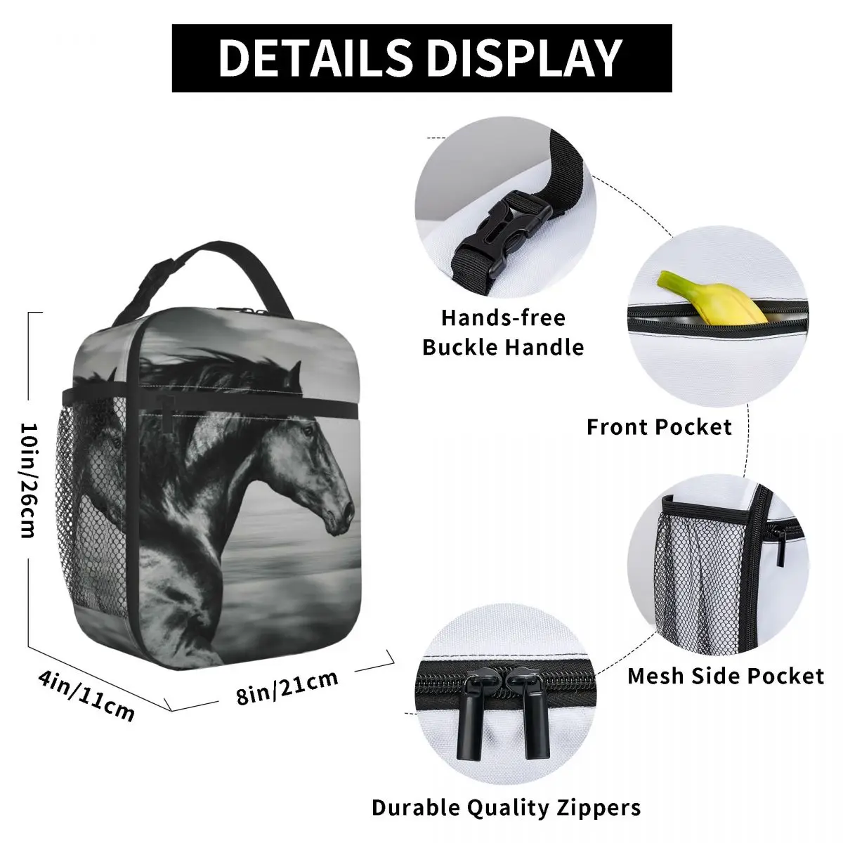

Spanish Running Horse Lunch Bag for Women Men Large Insulated Lunch Box with Water Bottle Holder and Pockets