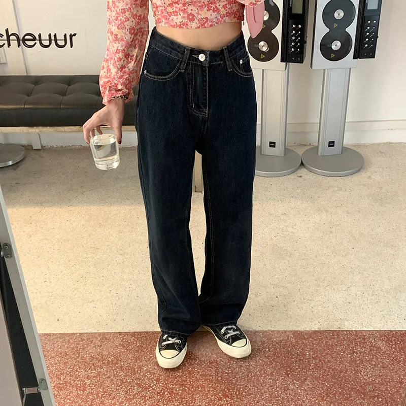Simple Dark Jeans Blue Wide Leg Korean Loose High Waist Commuter Casual Straight Pants Small 2021 | Женская одежда