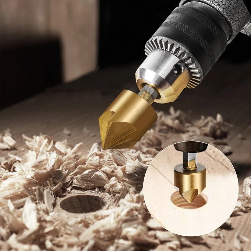 

6pcs 1/4" Hexagonal Shank Titanium Coated 5 Flutes HSS Countersink Chamfer Drill Bit with Center Hole Punch Woodworking Tool