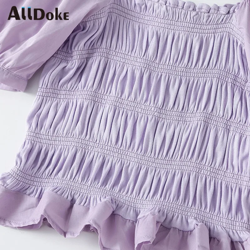 

ALLDOKE lantern sleeve woman blouse purple casual shirt summer square collar puff sleeve puffes sheath tops female blusas