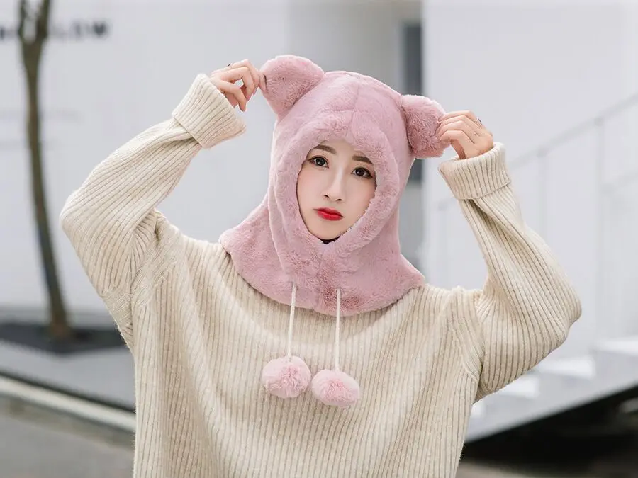 PLOERMIN новые милые Мультяшные уши Skullies Beanies кроличий мех вязаные шапки зимние толстые теплые мягкие Твердые крышки Зимние женские шапки