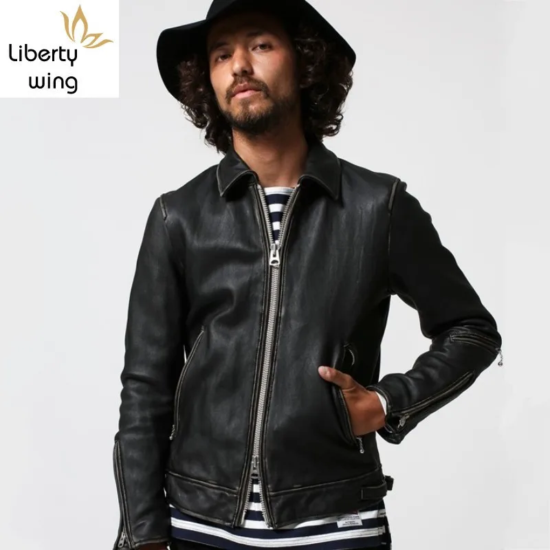 

Vintage Japanese Mens Short Slim Fit Veste Cuir Homme Sheepskin Real Leather Moto Biker Jacket Winter Windbreaker Padded Coats