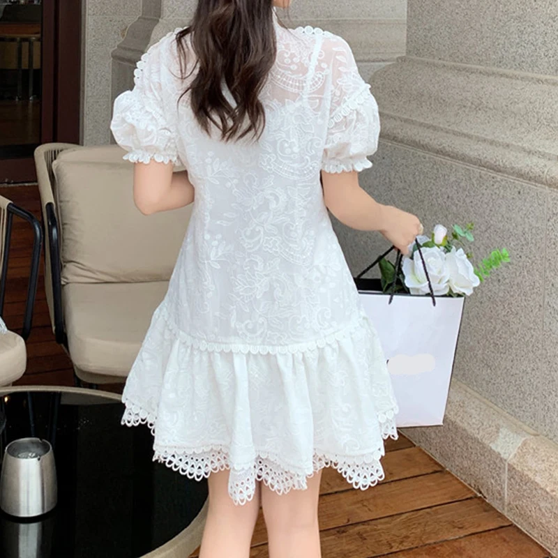 

Vintage Style Summer Dresses Woman Short Puff Sleeve White Vestidos Female Elegant Embroidery Single-breasted Party Dress Woman