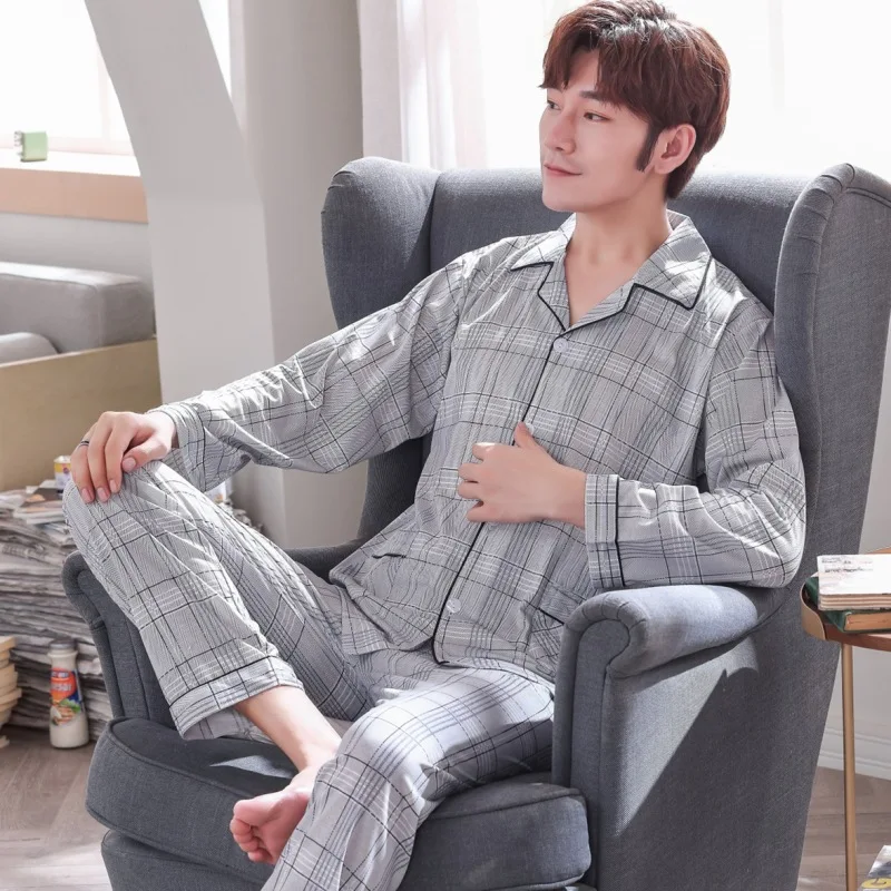 LYun весенние и осенние мужские хлопковые пижамы клетчатые большие размеры для сна