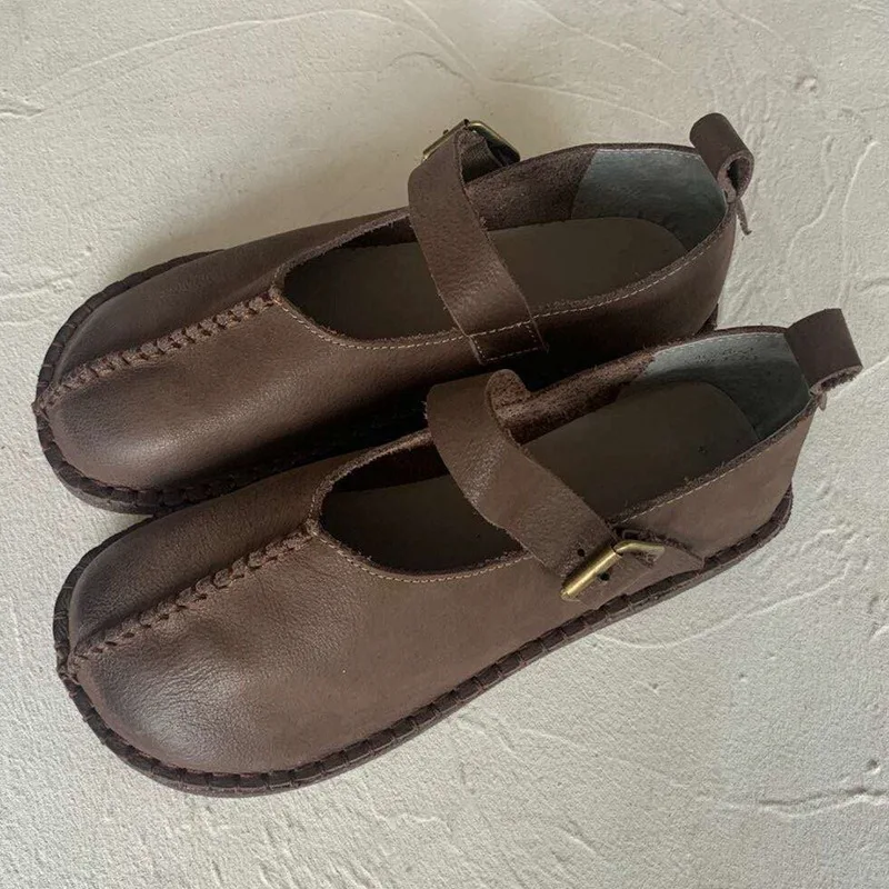 

Careaymade-Autumn New Retro Artistic Leather round Head Color Belt Buckle Comfortable Soft Leather Flat Casual Shoes, 2 colors