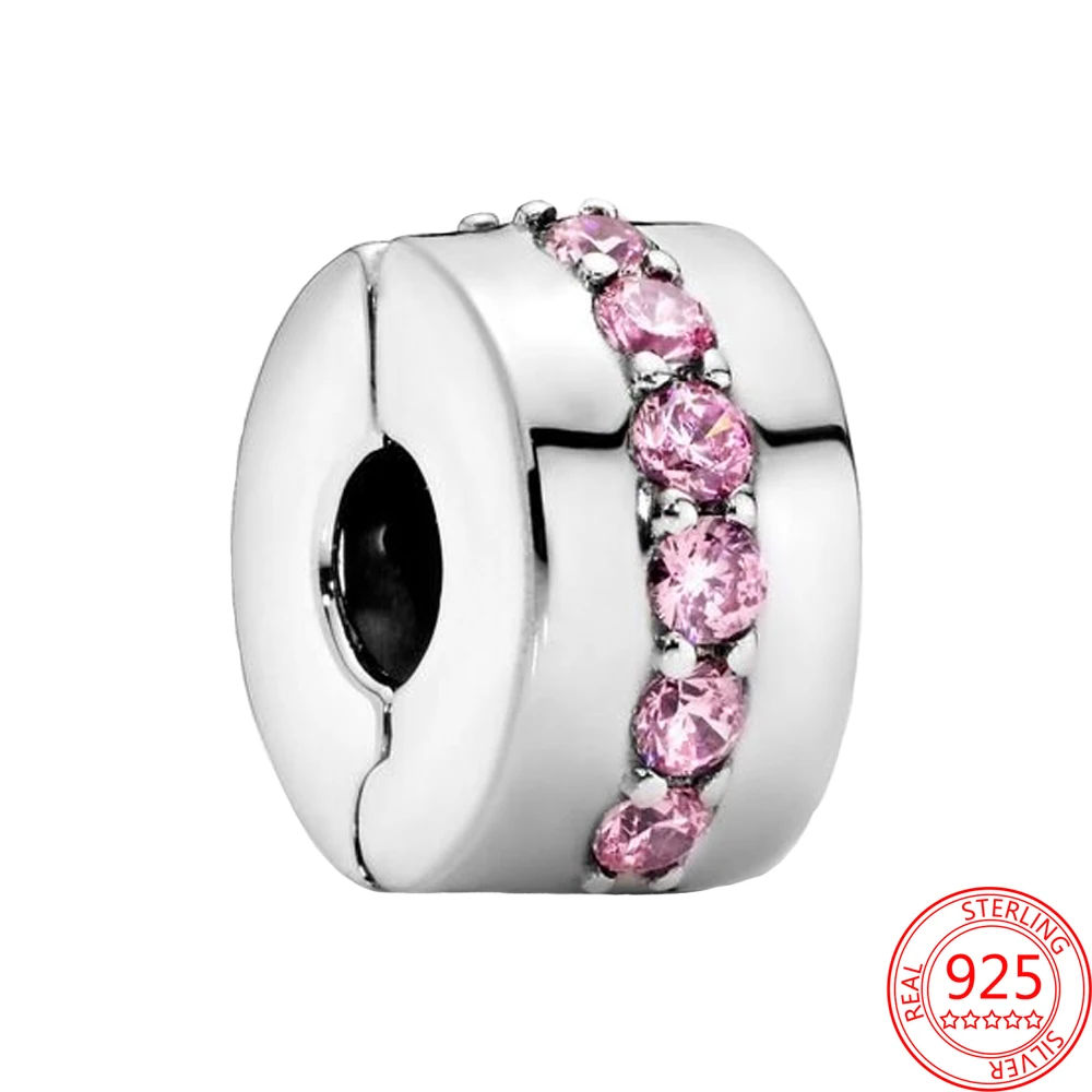 

925 Sterling Silver Shining pink zircon Securing clip Women Fashion Jewelry Gift Fit Original Pandora DIY Bracelet Charm