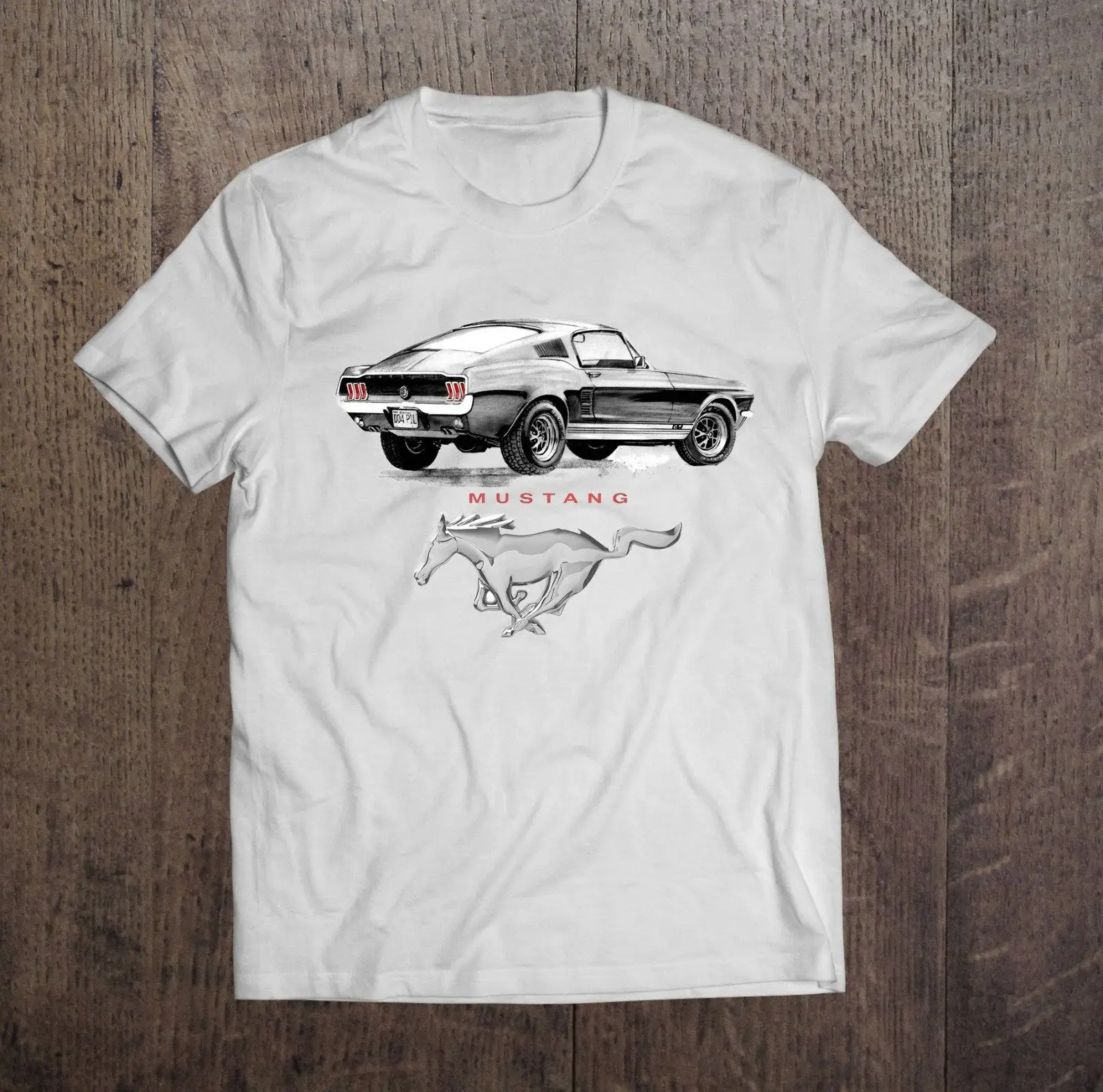 Мужская футболка с рисунком Mustang Белая Летняя из 100% хлопка изображением гоночных